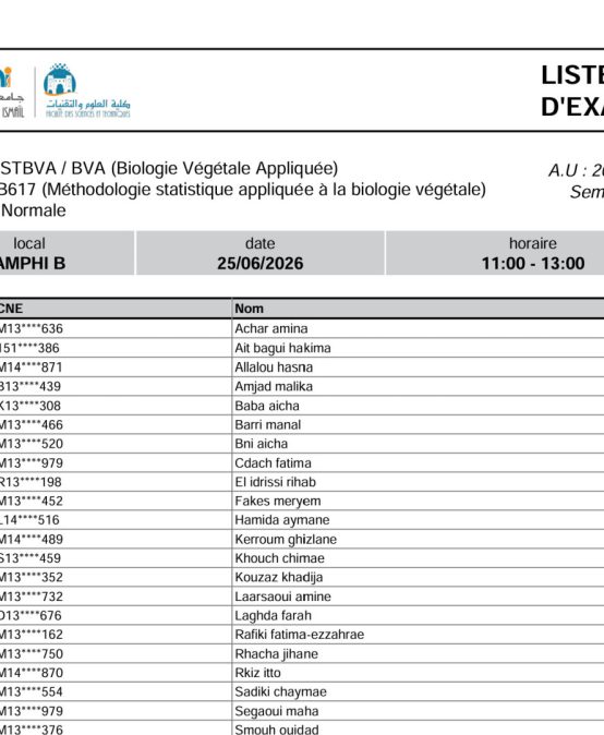 Liste des Étudiants – Examen Normale du 25 Juin 2026