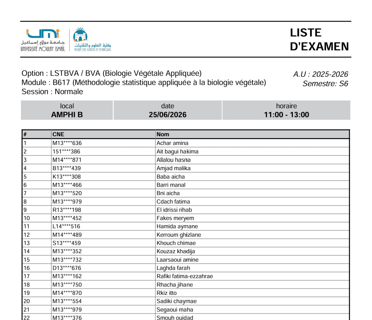 Liste des Étudiants – Examen Normale du 25 Juin 2026