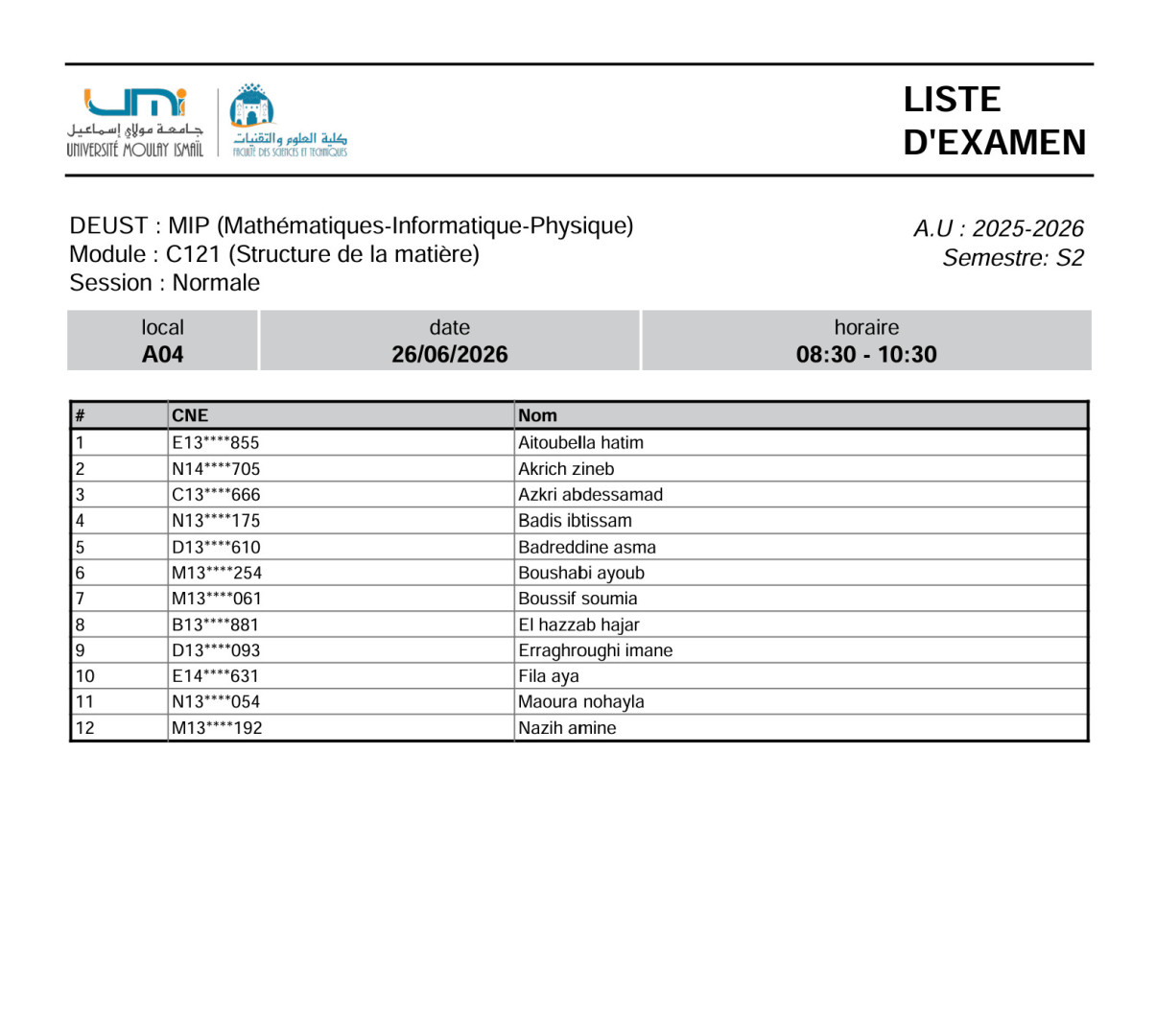 Liste des Étudiants – Examen Normale du 26 Juin 2026