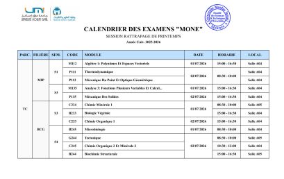 CALENDRIER DES EXAMENS “MONE”” SESSION ” RATTRAPAGE DE PRINTEMPS” – Année Univ(2025-2026)