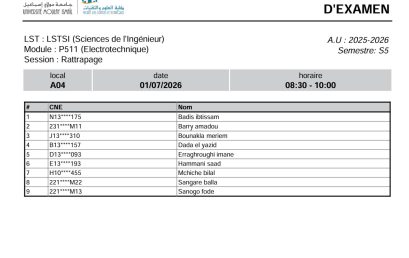 Liste des Étudiants – Examen RATTRAPAGE du 1 Juillet 2026