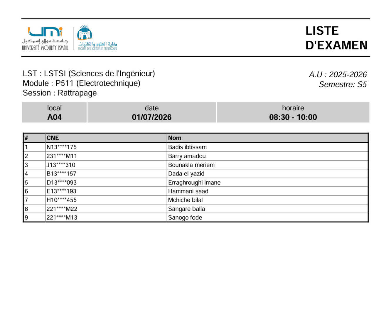 Liste des Étudiants – Examen Normale du 1 Juillet 2026