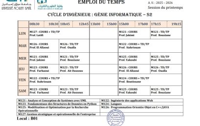 EMPLOI DU TEMPS – CyCle d’ingénieur : Génie informatique – S2