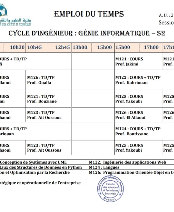 EMPLOI DU TEMPS – CyCle d’ingénieur : Génie informatique – S2