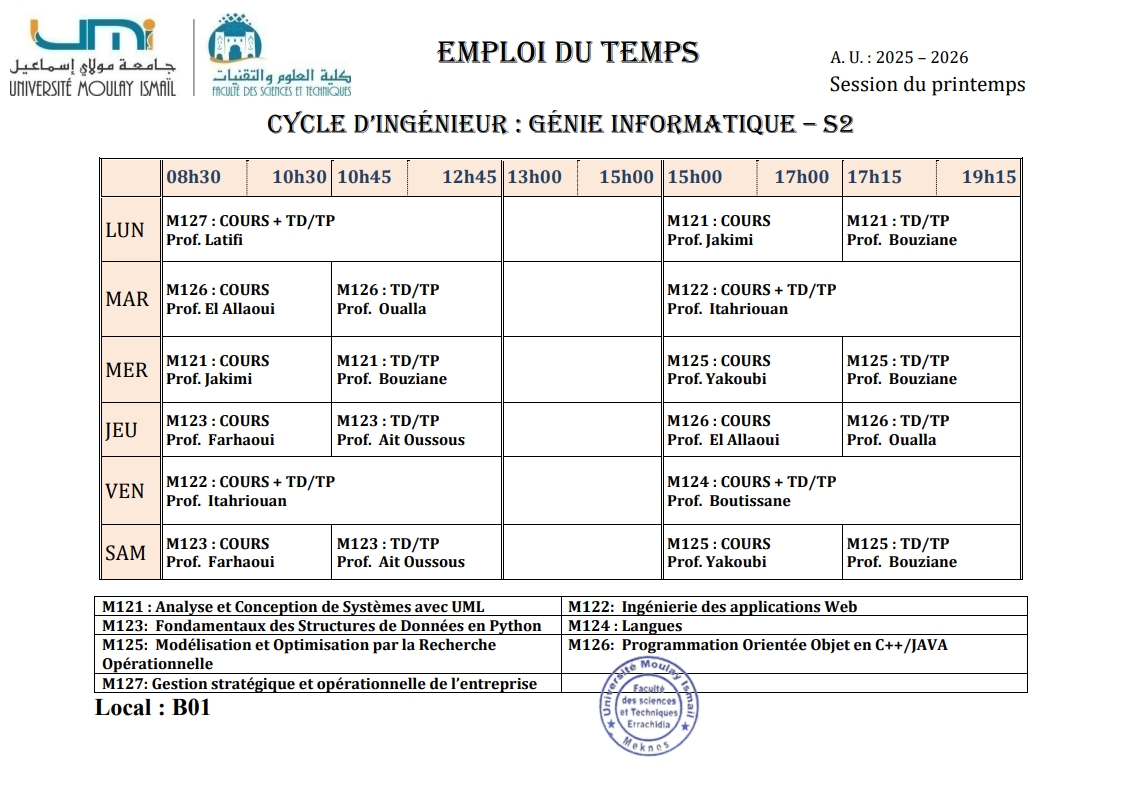 EMPLOI DU TEMPS – CyCle d’ingénieur : Génie informatique – S2