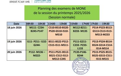 Planning des examens de MONE de la session du printemps 2025/2026 (Session normale)