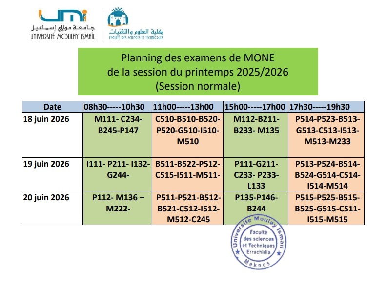 Planning des examens de MONE de la session du printemps 2025/2026 (Session normale)