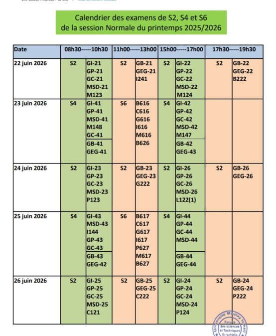 Calendrier des examens de S2, S4 et S6  de la session Normale du printemps 2025/2026