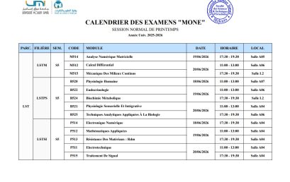 CALENDRIER DES EXAMENS “MONE” SESSION ” NORMAL DE PRINTEMPS” – Année Univ(2025-2026)
