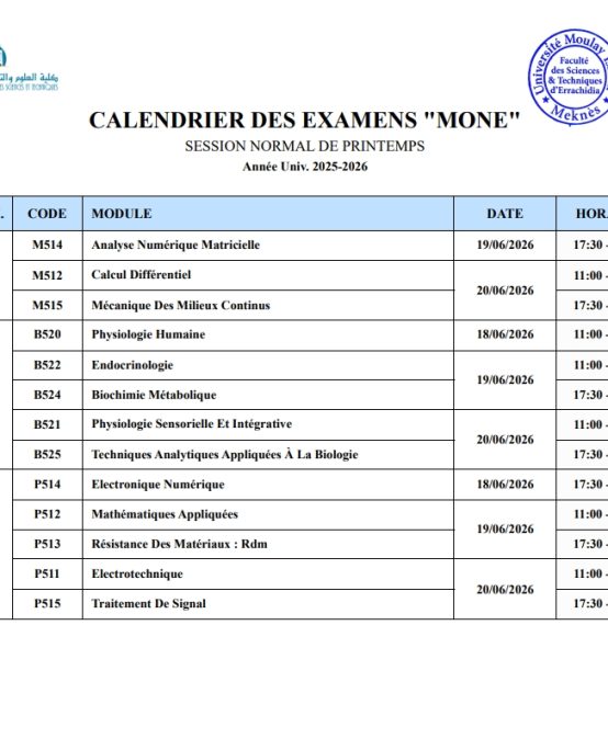 CALENDRIER DES EXAMENS “MONE” SESSION ” NORMAL DE PRINTEMPS” – Année Univ(2025-2026)