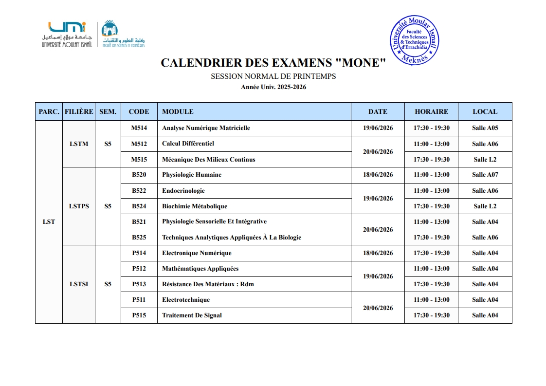 CALENDRIER DES EXAMENS “MONE” SESSION ” NORMAL DE PRINTEMPS” – Année Univ(2025-2026)