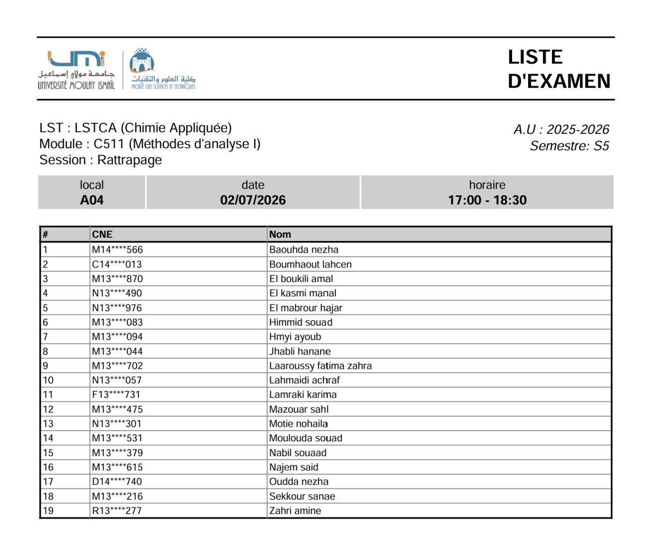 Liste des Étudiants – Examen RATTRAPAGE du 2 Juillet 2026