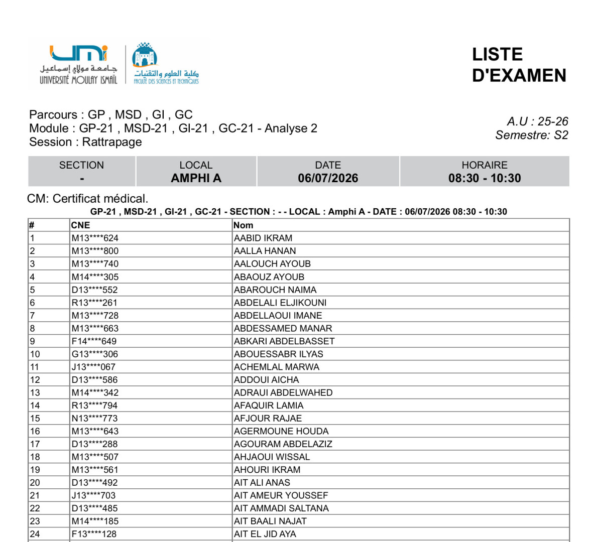 Liste des Étudiants – Examen RATTRAPAGE du 6 Juillet 2026