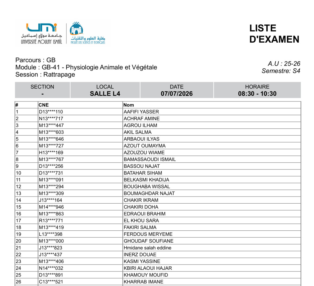 Liste des Étudiants – Examen RATTRAPAGE du 7 Juillet 2026