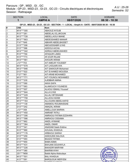 Liste des Étudiants – Examen RATTRAPAGE du 8 Juillet 2026