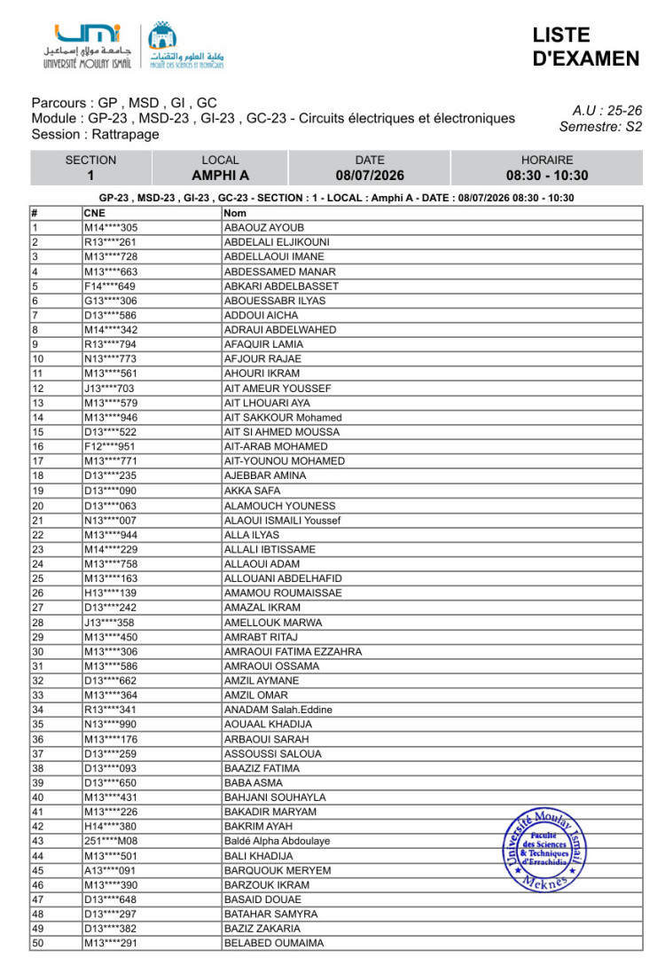 Liste des Étudiants – Examen RATTRAPAGE du 8 Juillet 2026