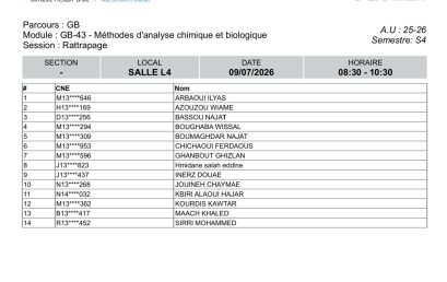Liste des Étudiants – Examen RATTRAPAGE du 9 Juillet 2026
