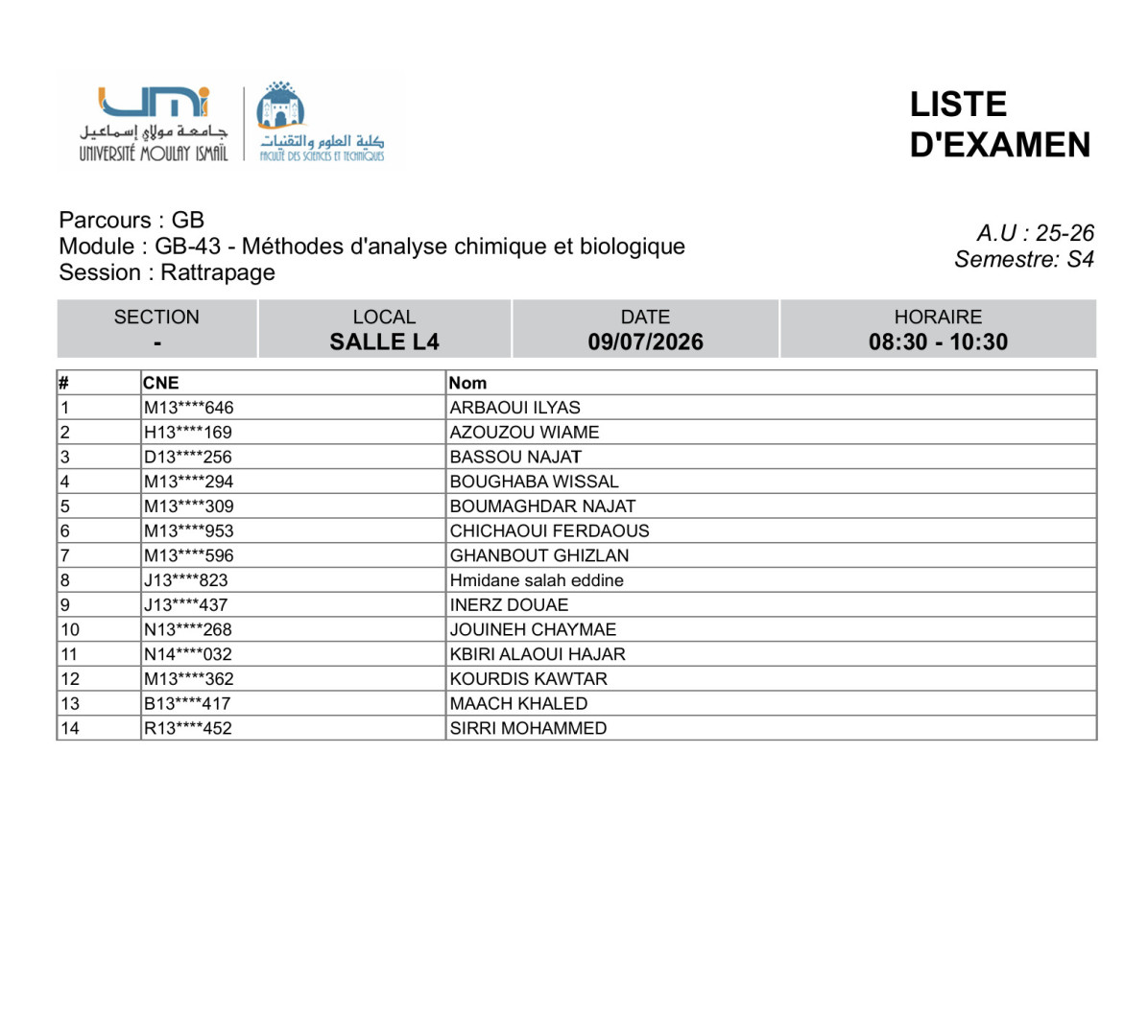 Liste des Étudiants – Examen RATTRAPAGE du 9 Juillet 2026
