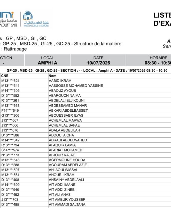 Liste des Étudiants – Examen RATTRAPAGE du 10 Juillet 2026