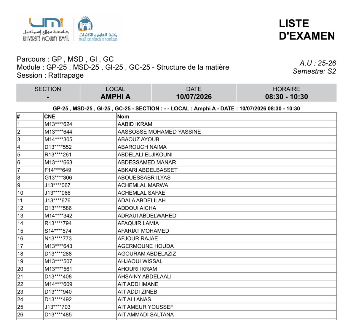 Liste des Étudiants – Examen RATTRAPAGE du 10 Juillet 2026