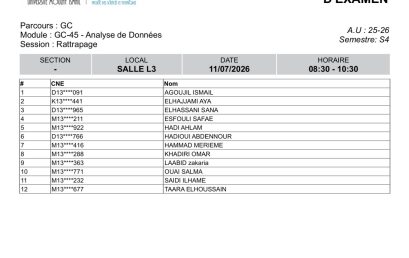 Liste des Étudiants – Examen RATTRAPAGE du 11 Juillet 2026