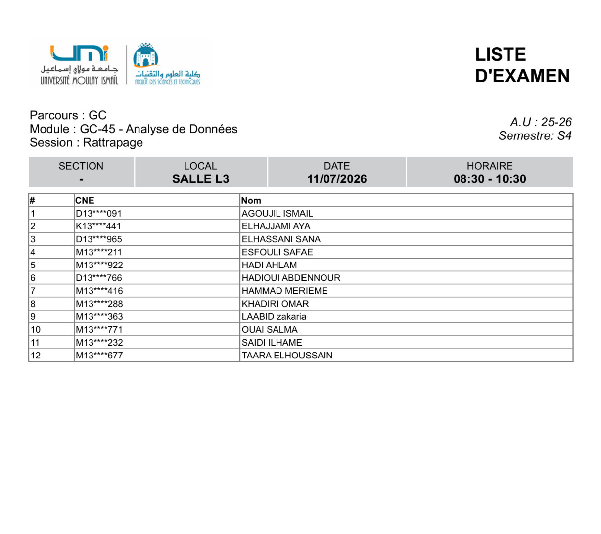 Liste des Étudiants – Examen RATTRAPAGE du 11 Juillet 2026