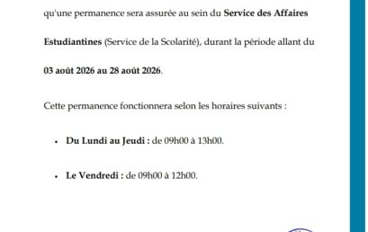 Avis aux étudiants : Horaires de Permanence (Août 2026)